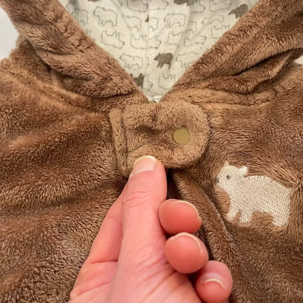 Unisex Brown Bear Fleece Outerwear, Bunting, One-Piece, Hooded Romper 6-9 Mos.